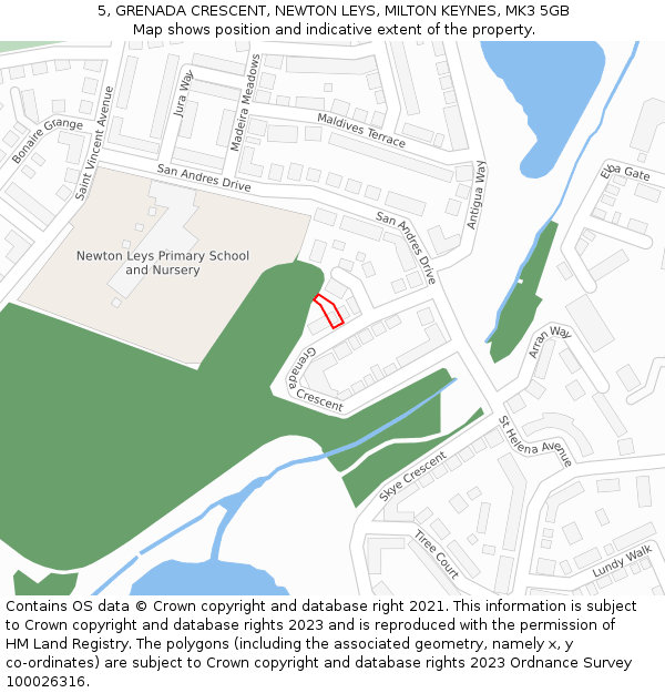 5, GRENADA CRESCENT, NEWTON LEYS, MILTON KEYNES, MK3 5GB: Location map and indicative extent of plot