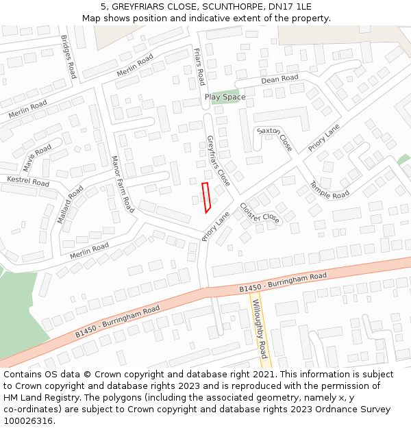 5, GREYFRIARS CLOSE, SCUNTHORPE, DN17 1LE: Location map and indicative extent of plot