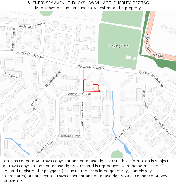 5, GUERNSEY AVENUE, BUCKSHAW VILLAGE, CHORLEY, PR7 7AG: Location map and indicative extent of plot