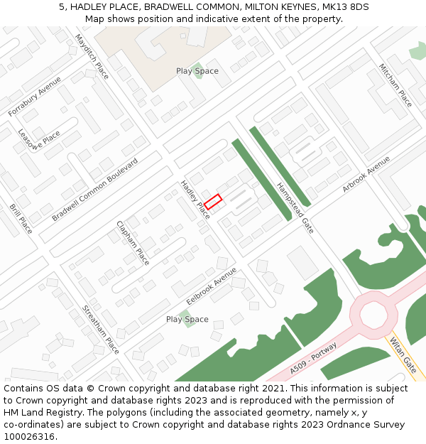5, HADLEY PLACE, BRADWELL COMMON, MILTON KEYNES, MK13 8DS: Location map and indicative extent of plot