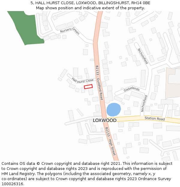 5, HALL HURST CLOSE, LOXWOOD, BILLINGSHURST, RH14 0BE: Location map and indicative extent of plot