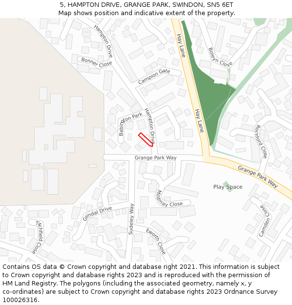 5, HAMPTON DRIVE, GRANGE PARK, SWINDON, SN5 6ET: Location map and indicative extent of plot