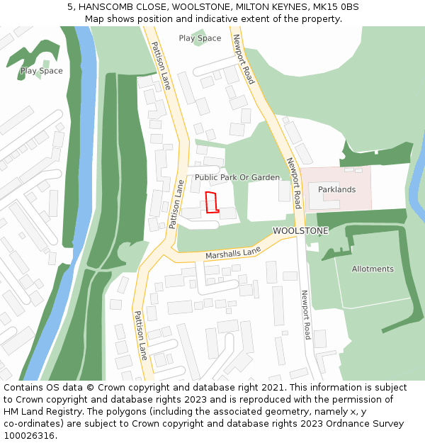 5, HANSCOMB CLOSE, WOOLSTONE, MILTON KEYNES, MK15 0BS: Location map and indicative extent of plot