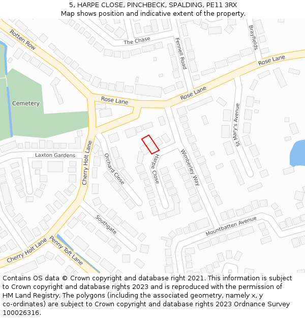 5, HARPE CLOSE, PINCHBECK, SPALDING, PE11 3RX: Location map and indicative extent of plot