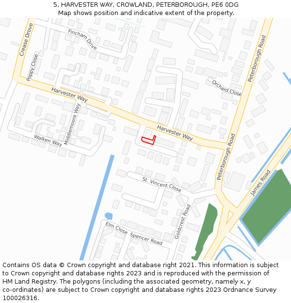 5, HARVESTER WAY, CROWLAND, PETERBOROUGH, PE6 0DG: Location map and indicative extent of plot