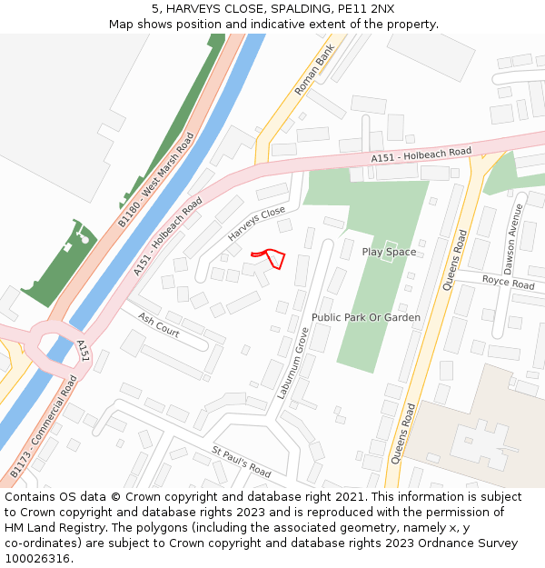 5, HARVEYS CLOSE, SPALDING, PE11 2NX: Location map and indicative extent of plot