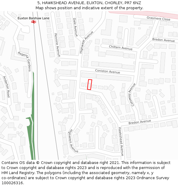 5, HAWKSHEAD AVENUE, EUXTON, CHORLEY, PR7 6NZ: Location map and indicative extent of plot