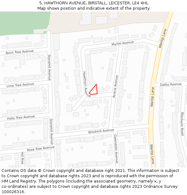 5, HAWTHORN AVENUE, BIRSTALL, LEICESTER, LE4 4HL: Location map and indicative extent of plot