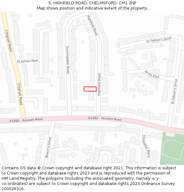 5, HIGHFIELD ROAD, CHELMSFORD, CM1 2NF: Location map and indicative extent of plot