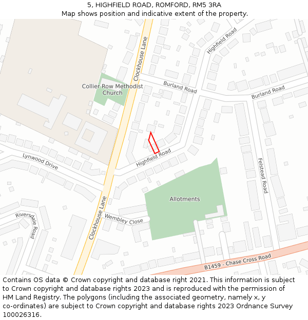 5, HIGHFIELD ROAD, ROMFORD, RM5 3RA: Location map and indicative extent of plot