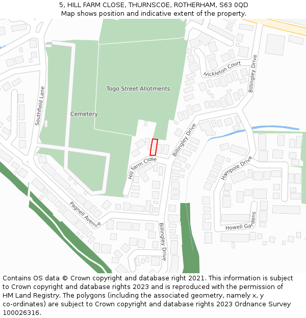 5, HILL FARM CLOSE, THURNSCOE, ROTHERHAM, S63 0QD: Location map and indicative extent of plot