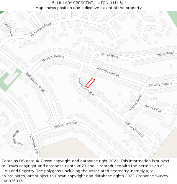 5, HILLARY CRESCENT, LUTON, LU1 5JH: Location map and indicative extent of plot