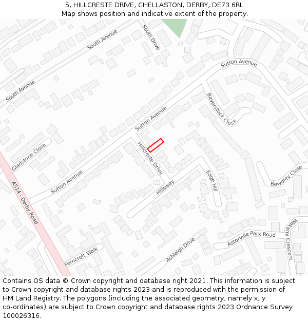 5, HILLCRESTE DRIVE, CHELLASTON, DERBY, DE73 6RL: Location map and indicative extent of plot