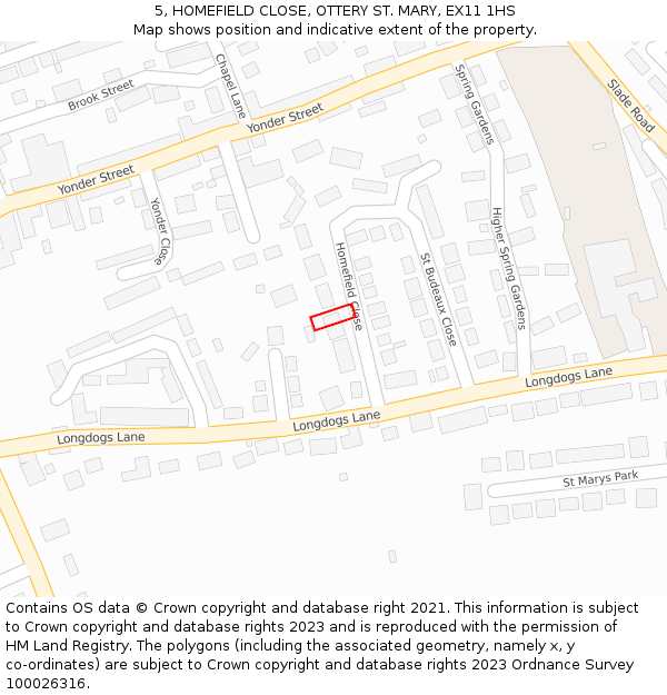 5, HOMEFIELD CLOSE, OTTERY ST. MARY, EX11 1HS: Location map and indicative extent of plot