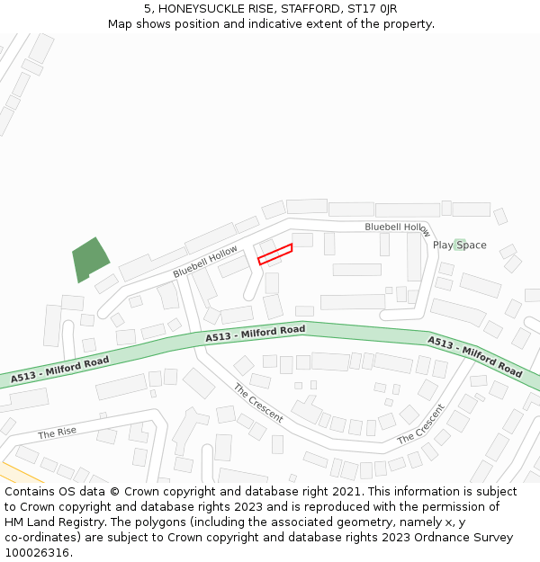 5, HONEYSUCKLE RISE, STAFFORD, ST17 0JR: Location map and indicative extent of plot