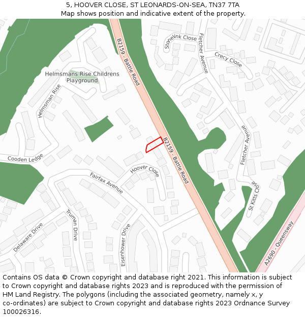 5, HOOVER CLOSE, ST LEONARDS-ON-SEA, TN37 7TA: Location map and indicative extent of plot