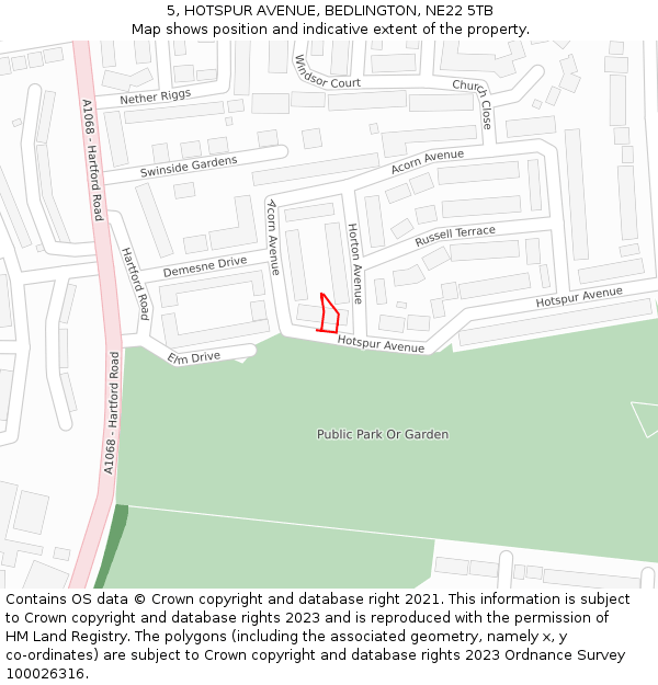 5, HOTSPUR AVENUE, BEDLINGTON, NE22 5TB: Location map and indicative extent of plot