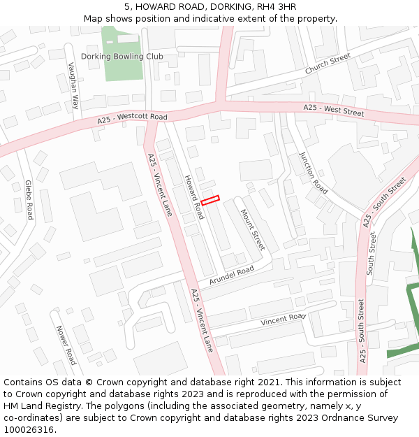 5, HOWARD ROAD, DORKING, RH4 3HR: Location map and indicative extent of plot