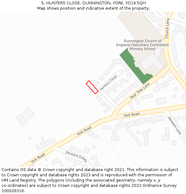 5, HUNTERS CLOSE, DUNNINGTON, YORK, YO19 5QH: Location map and indicative extent of plot