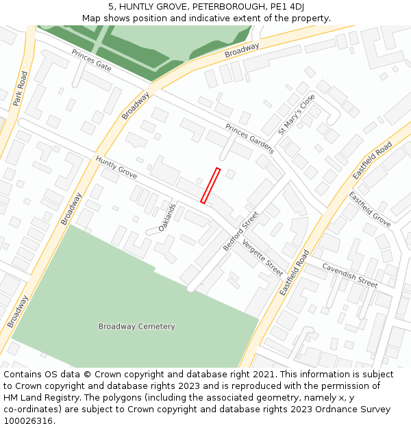 5, HUNTLY GROVE, PETERBOROUGH, PE1 4DJ: Location map and indicative extent of plot