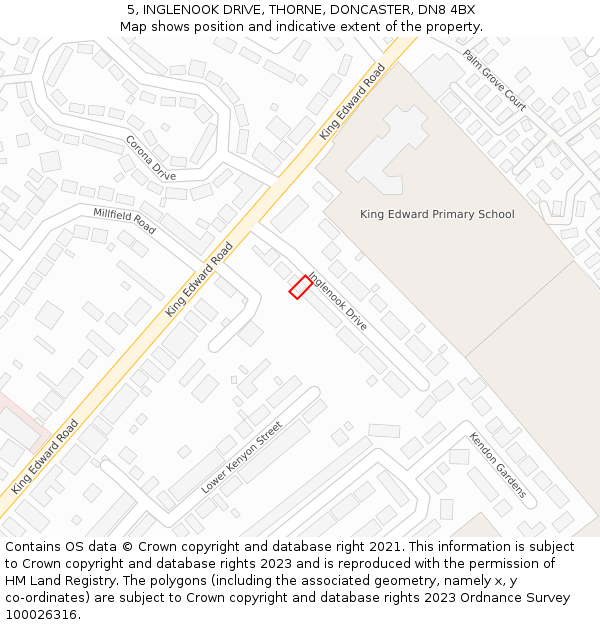 5, INGLENOOK DRIVE, THORNE, DONCASTER, DN8 4BX: Location map and indicative extent of plot