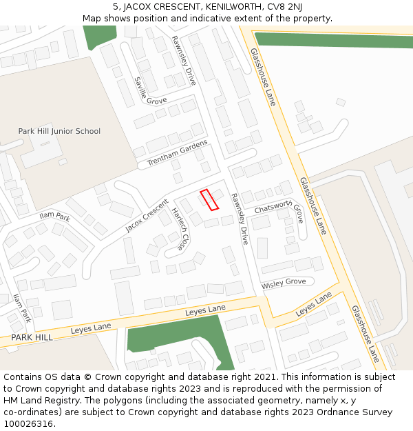 5, JACOX CRESCENT, KENILWORTH, CV8 2NJ: Location map and indicative extent of plot