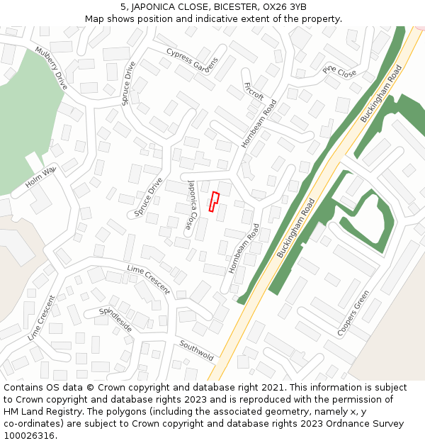 5, JAPONICA CLOSE, BICESTER, OX26 3YB: Location map and indicative extent of plot