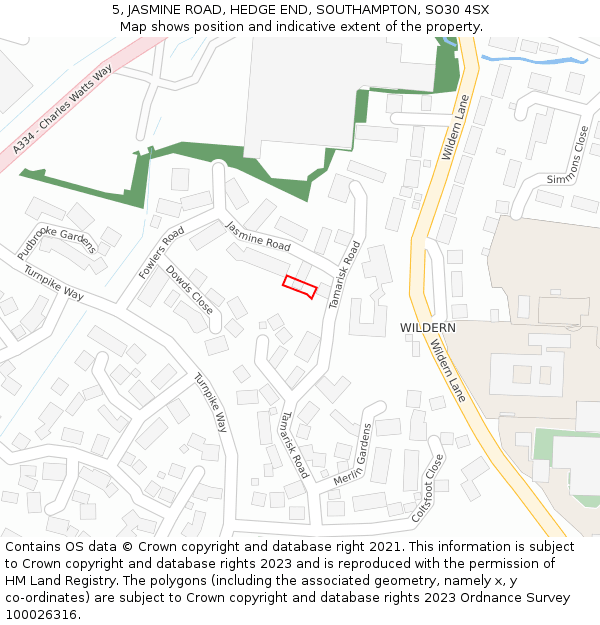 5, JASMINE ROAD, HEDGE END, SOUTHAMPTON, SO30 4SX: Location map and indicative extent of plot
