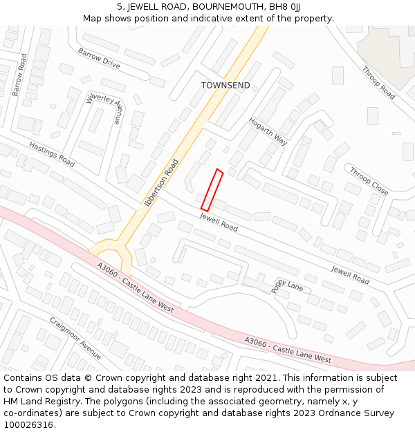 5, JEWELL ROAD, BOURNEMOUTH, BH8 0JJ: Location map and indicative extent of plot