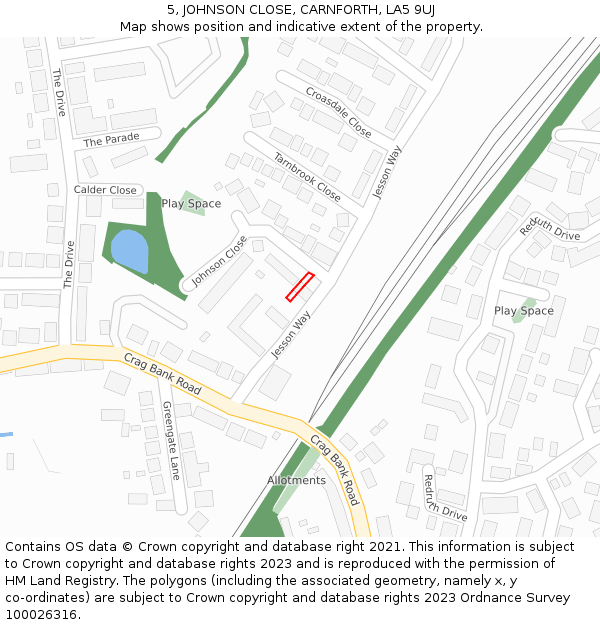 5, JOHNSON CLOSE, CARNFORTH, LA5 9UJ: Location map and indicative extent of plot
