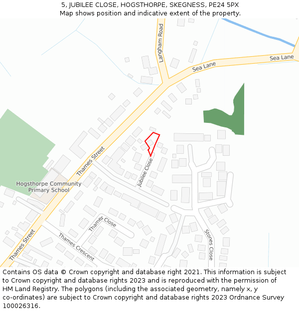 5, JUBILEE CLOSE, HOGSTHORPE, SKEGNESS, PE24 5PX: Location map and indicative extent of plot