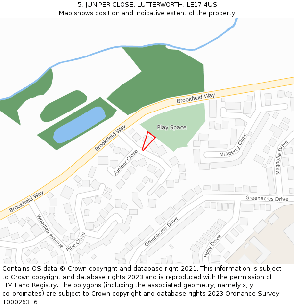 5, JUNIPER CLOSE, LUTTERWORTH, LE17 4US: Location map and indicative extent of plot