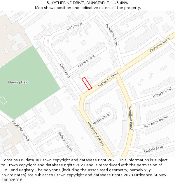 5, KATHERINE DRIVE, DUNSTABLE, LU5 4NW: Location map and indicative extent of plot