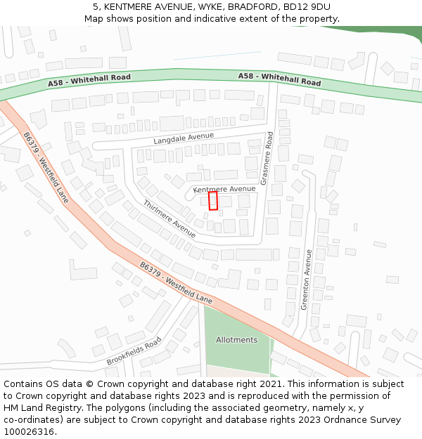 5, KENTMERE AVENUE, WYKE, BRADFORD, BD12 9DU: Location map and indicative extent of plot