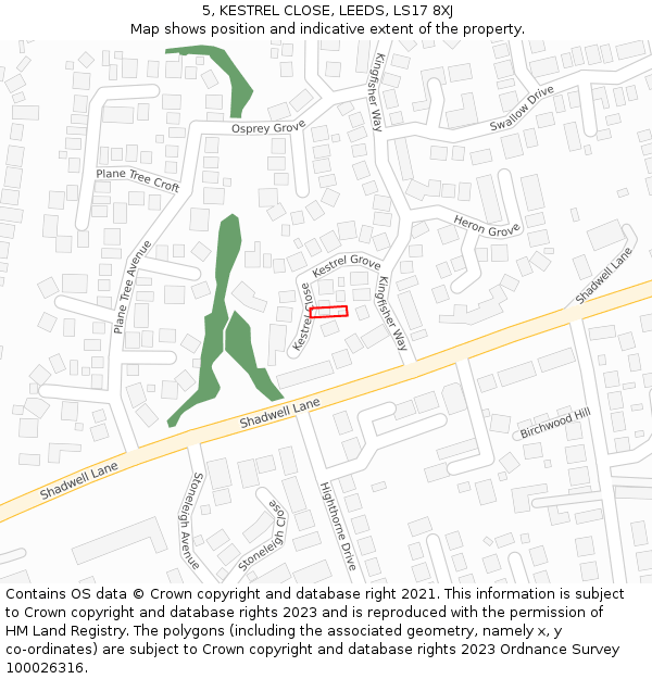 5, KESTREL CLOSE, LEEDS, LS17 8XJ: Location map and indicative extent of plot