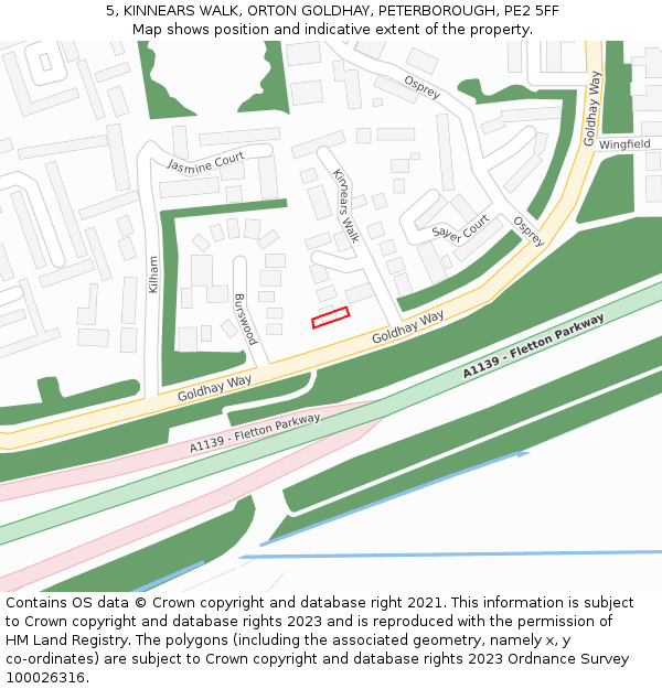 5, KINNEARS WALK, ORTON GOLDHAY, PETERBOROUGH, PE2 5FF: Location map and indicative extent of plot