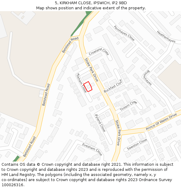 5, KIRKHAM CLOSE, IPSWICH, IP2 9BD: Location map and indicative extent of plot