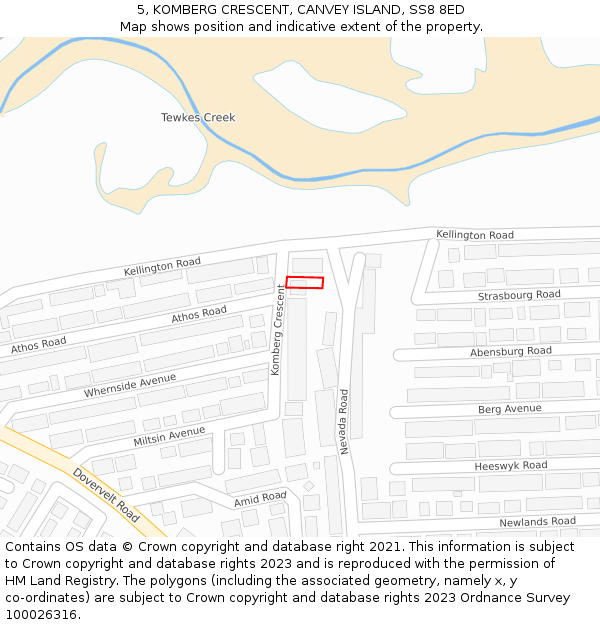 5, KOMBERG CRESCENT, CANVEY ISLAND, SS8 8ED: Location map and indicative extent of plot