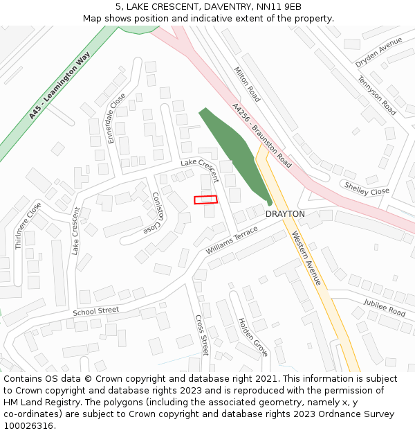 5, LAKE CRESCENT, DAVENTRY, NN11 9EB: Location map and indicative extent of plot