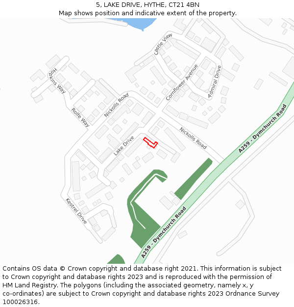 5, LAKE DRIVE, HYTHE, CT21 4BN: Location map and indicative extent of plot