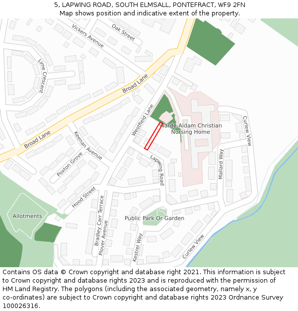 5, LAPWING ROAD, SOUTH ELMSALL, PONTEFRACT, WF9 2FN: Location map and indicative extent of plot