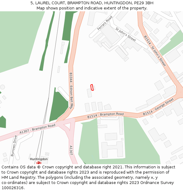 5, LAUREL COURT, BRAMPTON ROAD, HUNTINGDON, PE29 3BH: Location map and indicative extent of plot