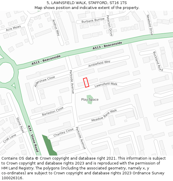 5, LAWNSFIELD WALK, STAFFORD, ST16 1TS: Location map and indicative extent of plot