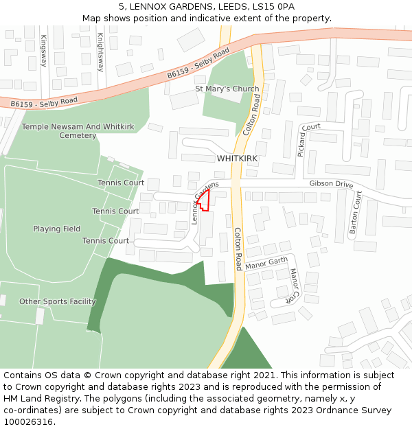 5, LENNOX GARDENS, LEEDS, LS15 0PA: Location map and indicative extent of plot