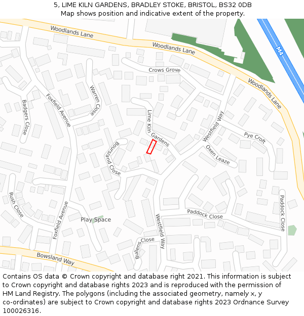 5, LIME KILN GARDENS, BRADLEY STOKE, BRISTOL, BS32 0DB: Location map and indicative extent of plot