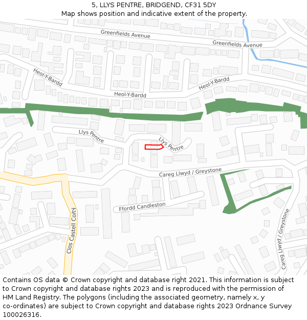 5, LLYS PENTRE, BRIDGEND, CF31 5DY: Location map and indicative extent of plot