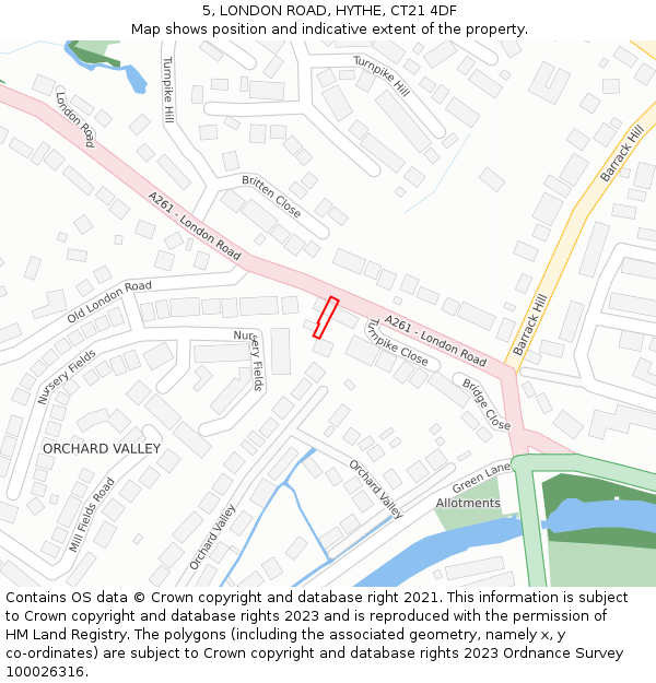 5, LONDON ROAD, HYTHE, CT21 4DF: Location map and indicative extent of plot