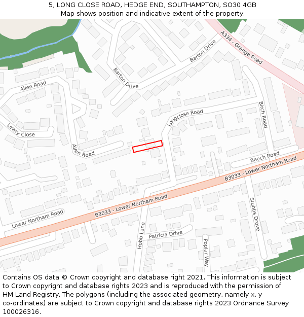 5, LONG CLOSE ROAD, HEDGE END, SOUTHAMPTON, SO30 4GB: Location map and indicative extent of plot