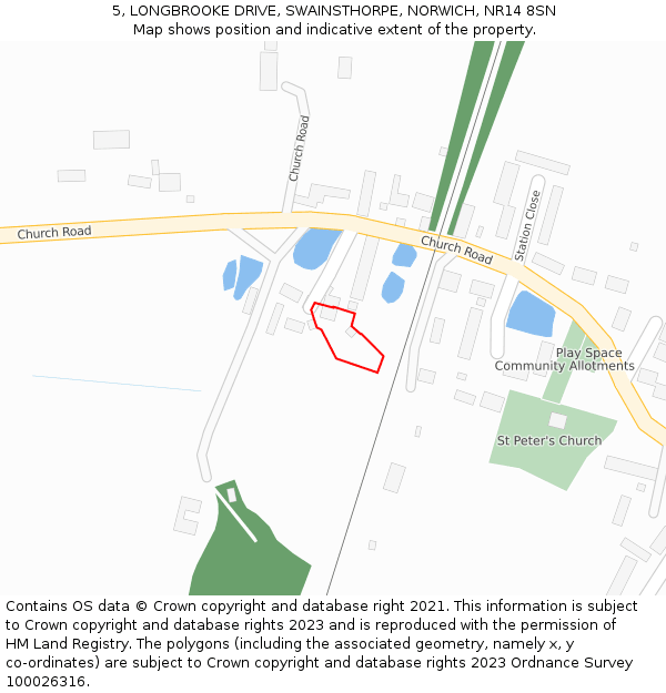 5, LONGBROOKE DRIVE, SWAINSTHORPE, NORWICH, NR14 8SN: Location map and indicative extent of plot