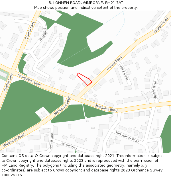 5, LONNEN ROAD, WIMBORNE, BH21 7AT: Location map and indicative extent of plot